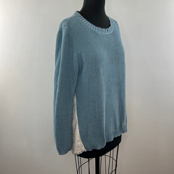 LOGO Lori Goldstein Blue Cotton Blend Asymmetric Sweater w/ Lace Godets Size M - Picture 5 of 10